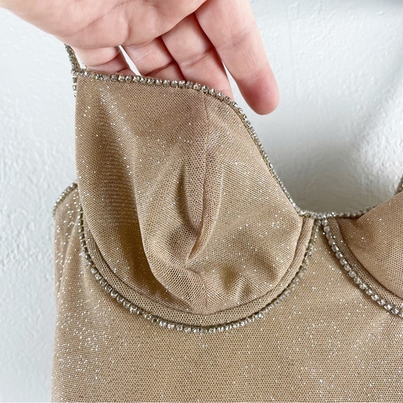 Mirror Palais Fairy Crystal Glitter Crop Bustier Top Small Tan Casual Trendy - Picture 3 of 7